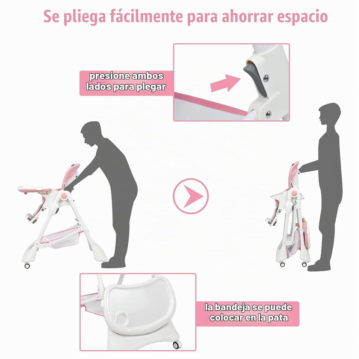 INFANS Silla alta con bandeja extraíble con una sola mano, 4 ruedas...