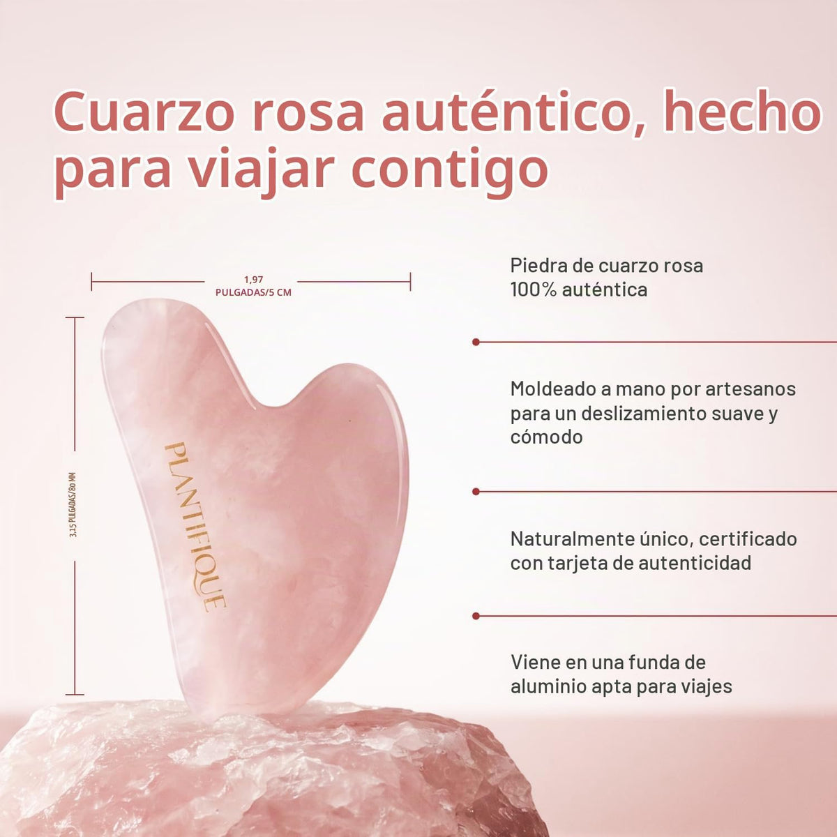 PLANTIFIQUE Herramienta Gua Sha de cuarzo rosa, masajeador facial a...