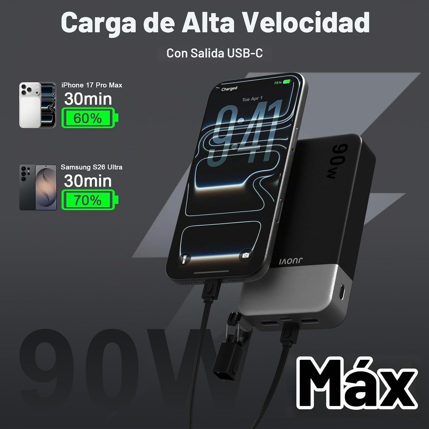 JUOVI Cargador portátil de 90 W para portátil Power Bank 20000mAh c...
