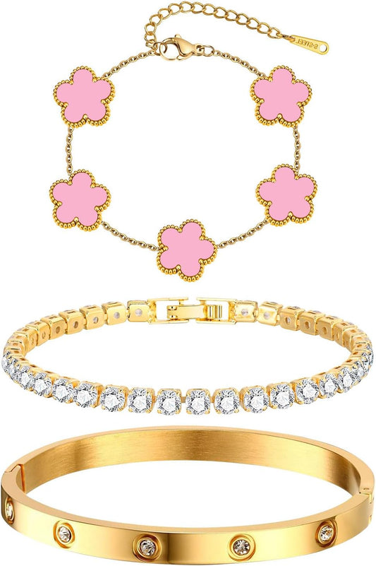 Pulseras florales apilables para mujer en oro - Juego de 3 pulseras...