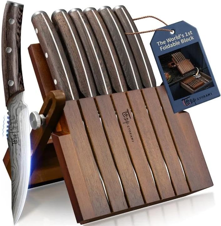 SYOKAMI 2026 Juego de 6 cuchillos para carne mejorados con bloque p...