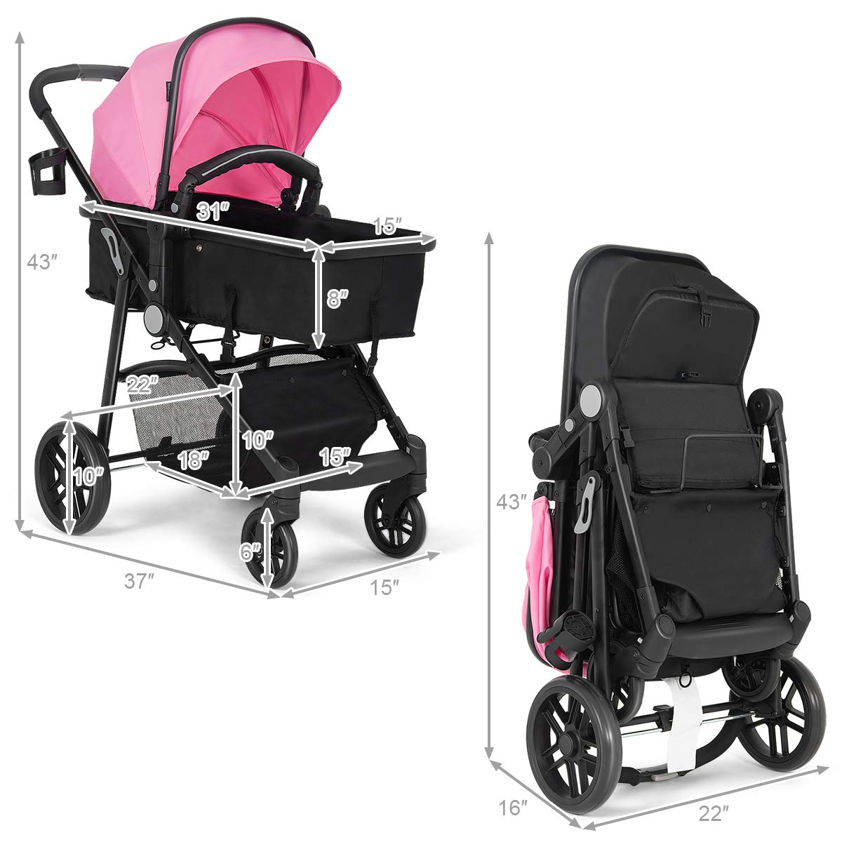 BABY JOY Cochecito de bebé, 2 en 1 Carriola convertible de cuna a c...