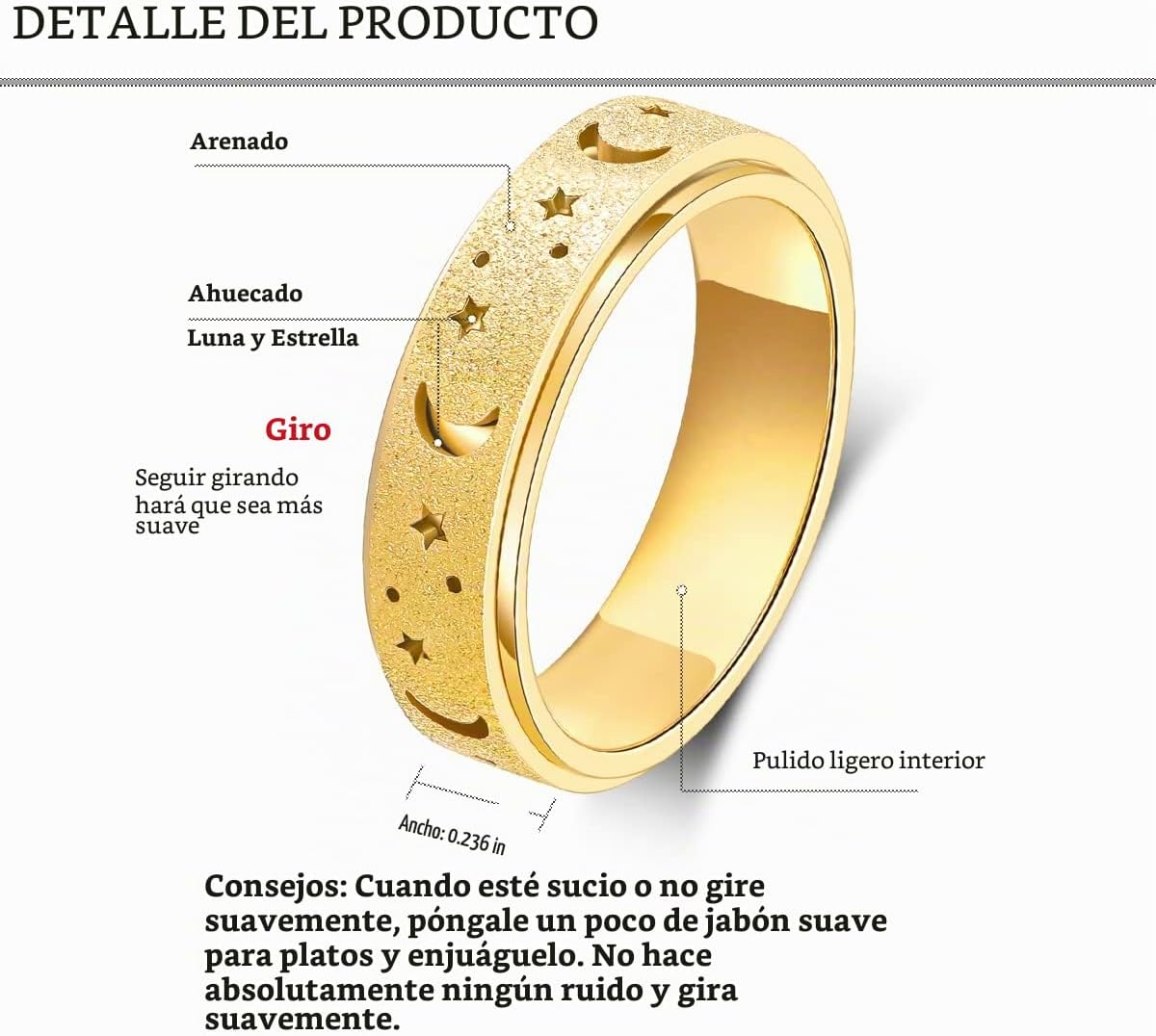 OreilleStar Anillo de ansiedad para mujer, anillo giratorio de acer...
