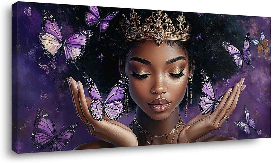 Lienzo de reina afroamericana para pared, diseño de mariposa morada...