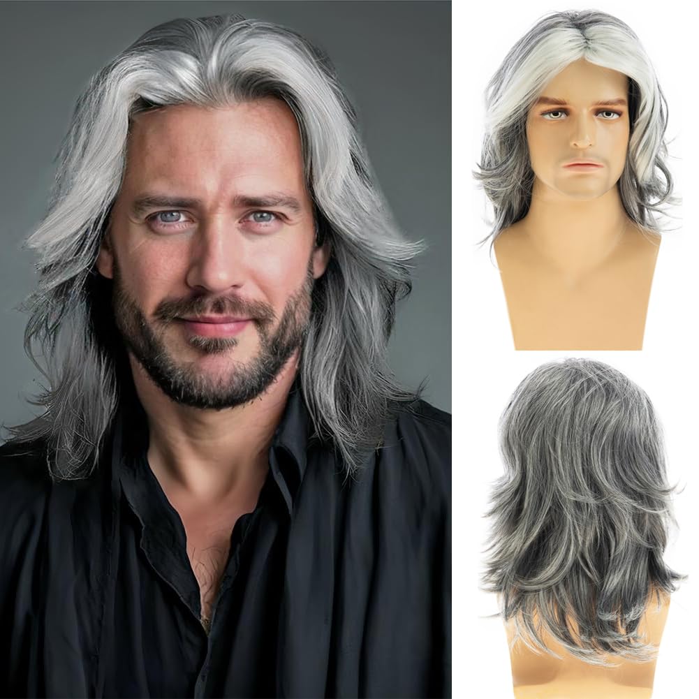 Baruisi Peluca para hombre, color gris, larga, recta, sintética, re...