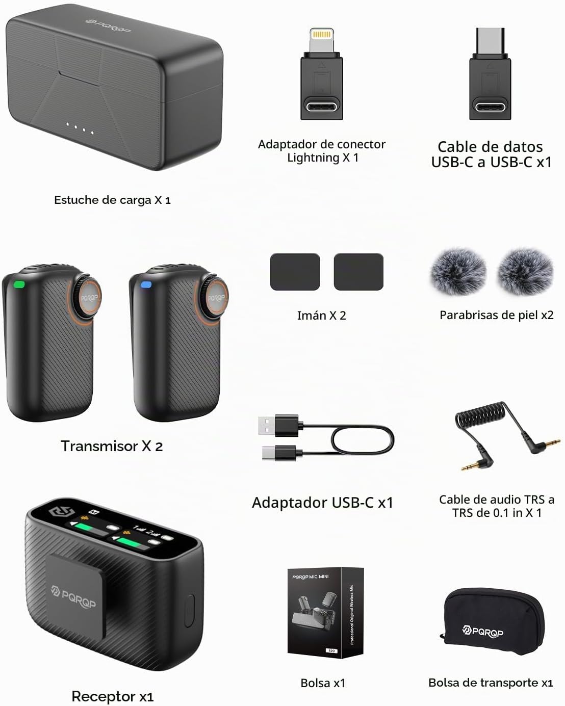 PQRQP Micrófono S20 (2 TX + 1 RX + funda de carga), mini micrófono...