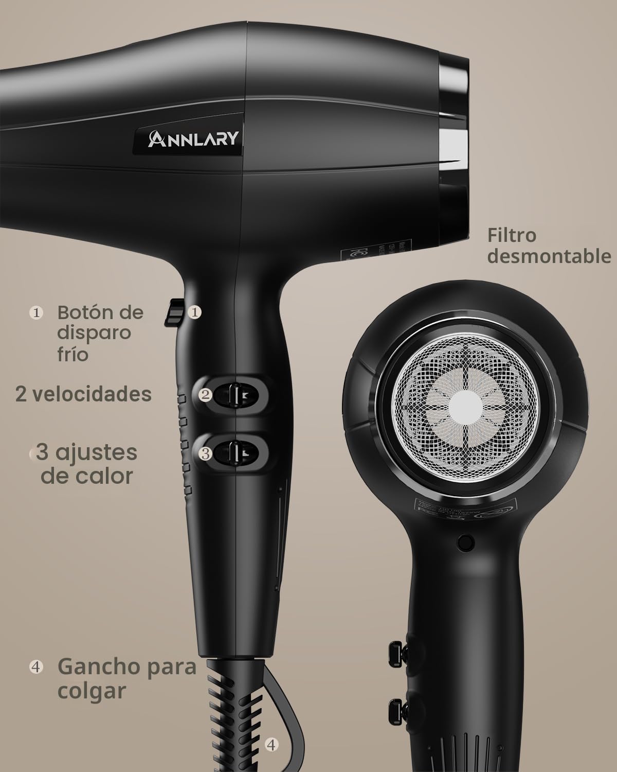 ANNLARY Secador de Pelo Iónico con Difusor, Secador de Pelo, Secado...