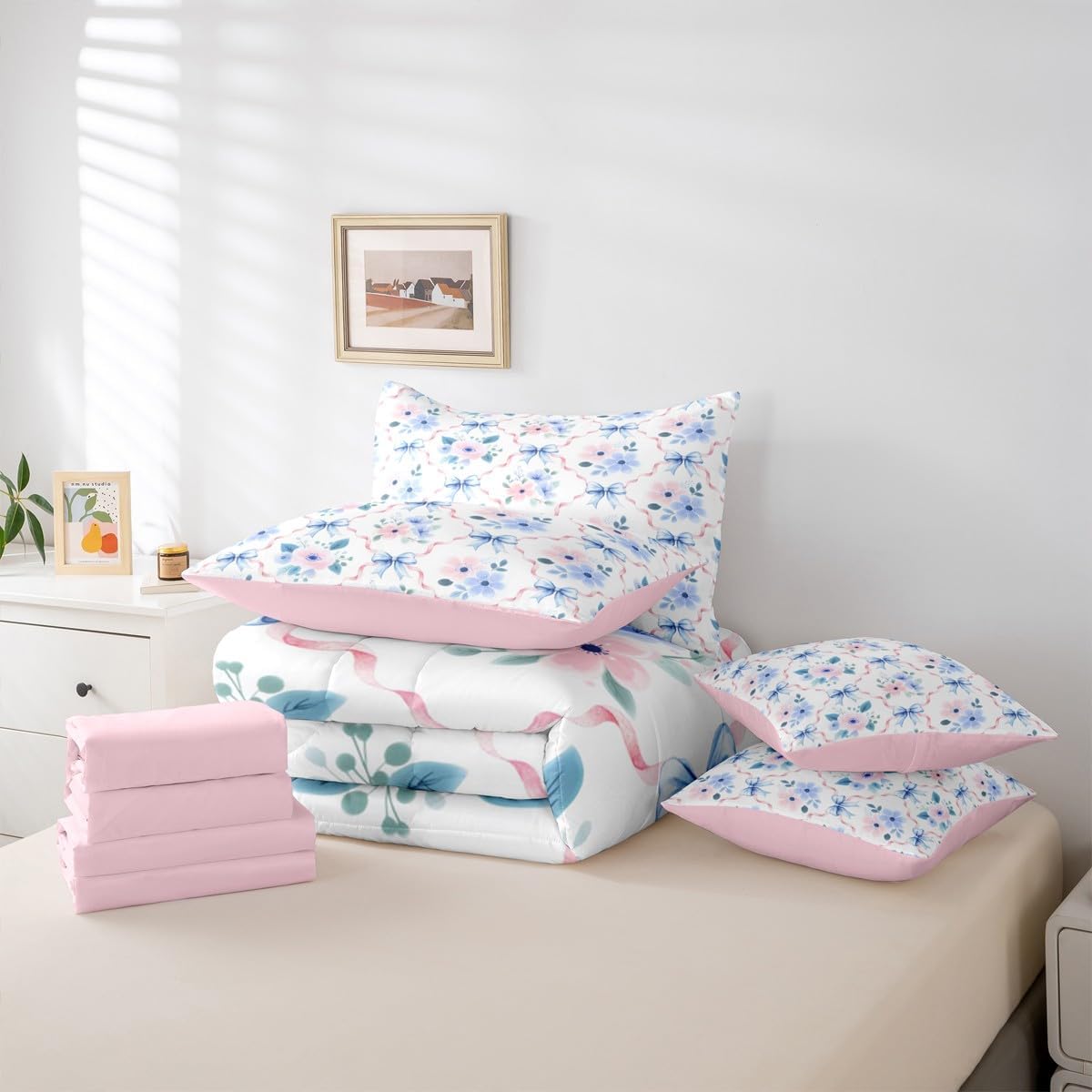 Erosebridal - Juego de edredón con arco azul y rosa de 7 piezas, ju...