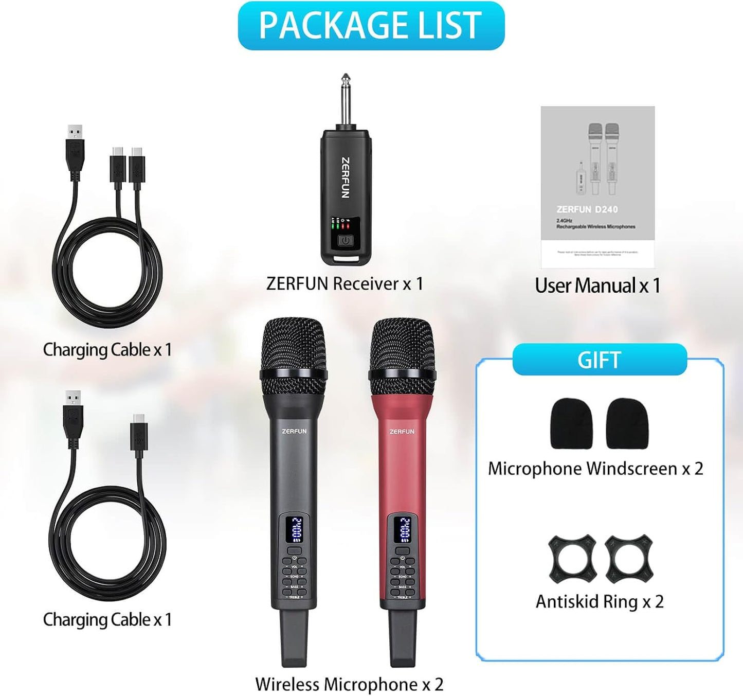 ZERFUN - Micrófonos inalámbricos recargables duales, sistema de mic...