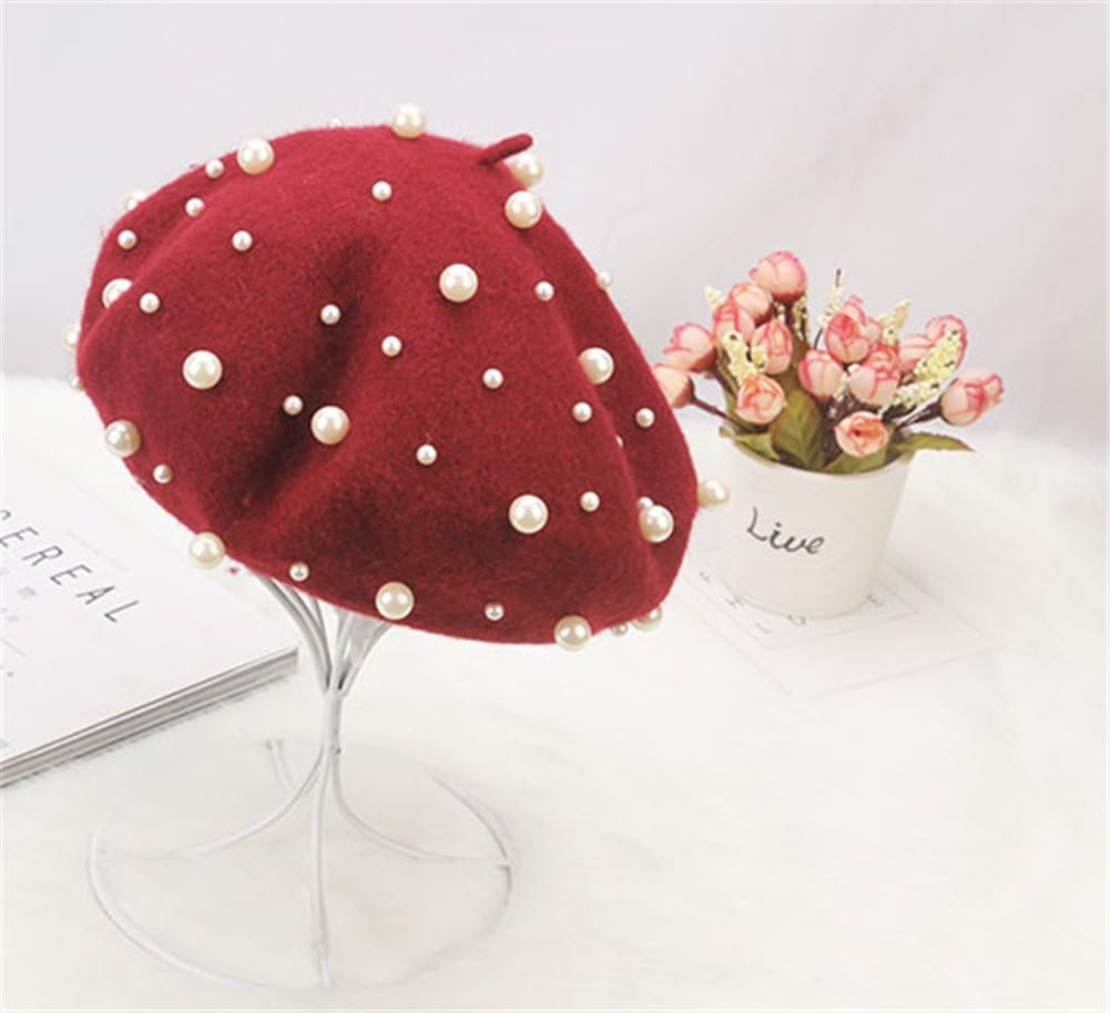 Sombrero de boina vintage de lana de perla para mujer, gorro cálido...