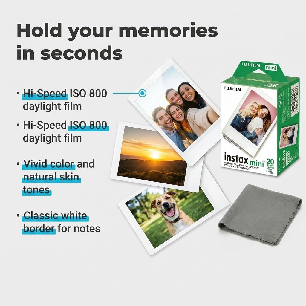 Fujifilm Instax Mini película instantánea, 20 hojas, luz diurna bla...