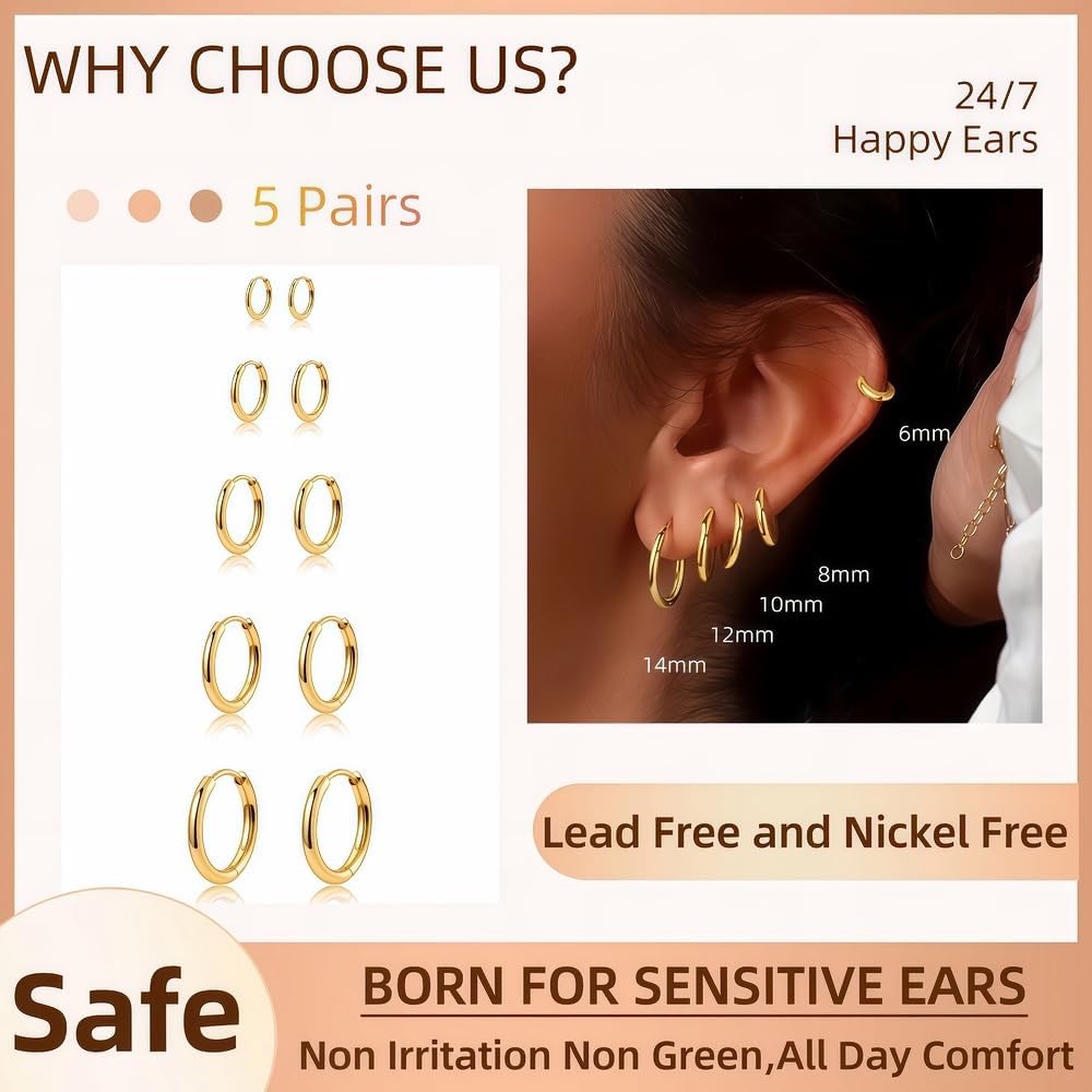 5 pares de pendientes de aro chapados en oro de 14 quilates para mu...