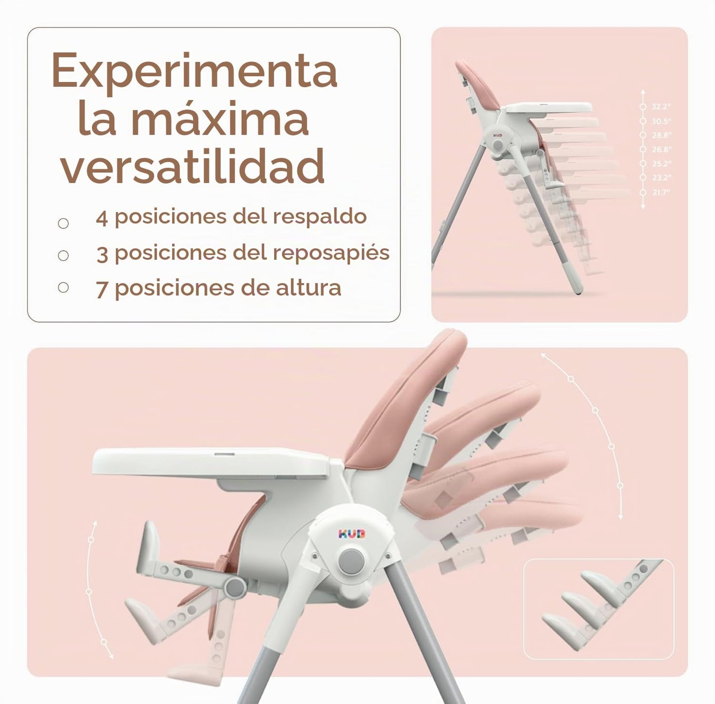 KUB Silla alta plegable 3 en 1 para bebé | 7 alturas y 4 reclinacio...
