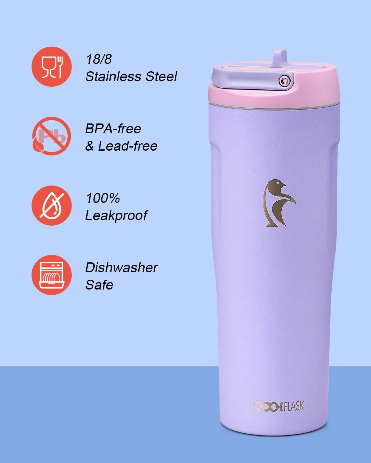 Coolflask Botella de agua aislada de 32 onzas, lavanda y botella de...