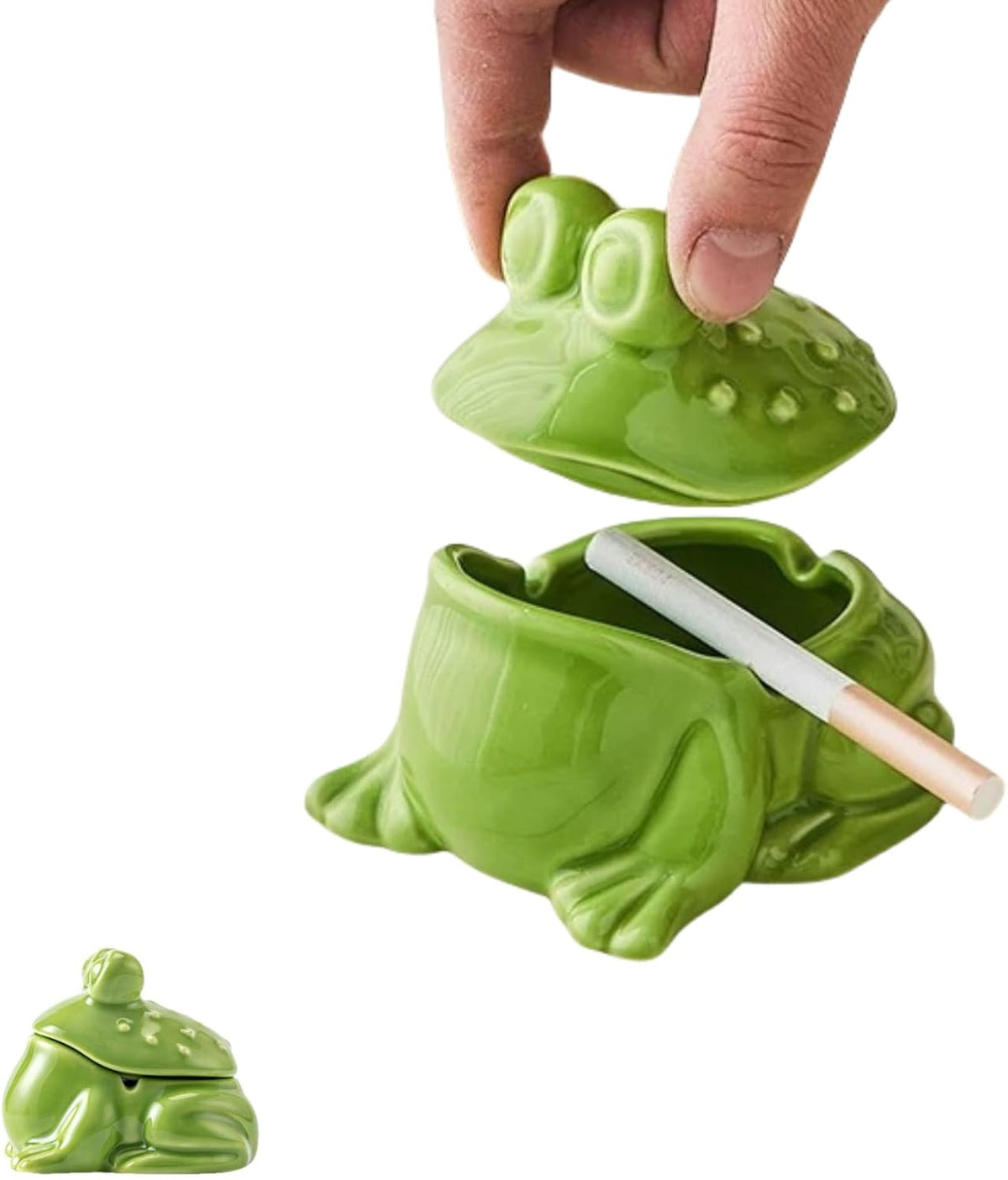 Cenicero de rana con tapa para cigarrillos de cerámica, verde, resi...
