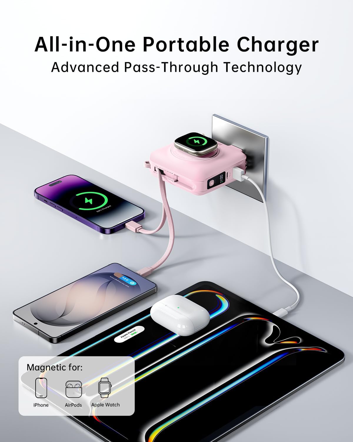 Cargador portátil magnético de carga rápida W&P de 45 W con 2 cable...