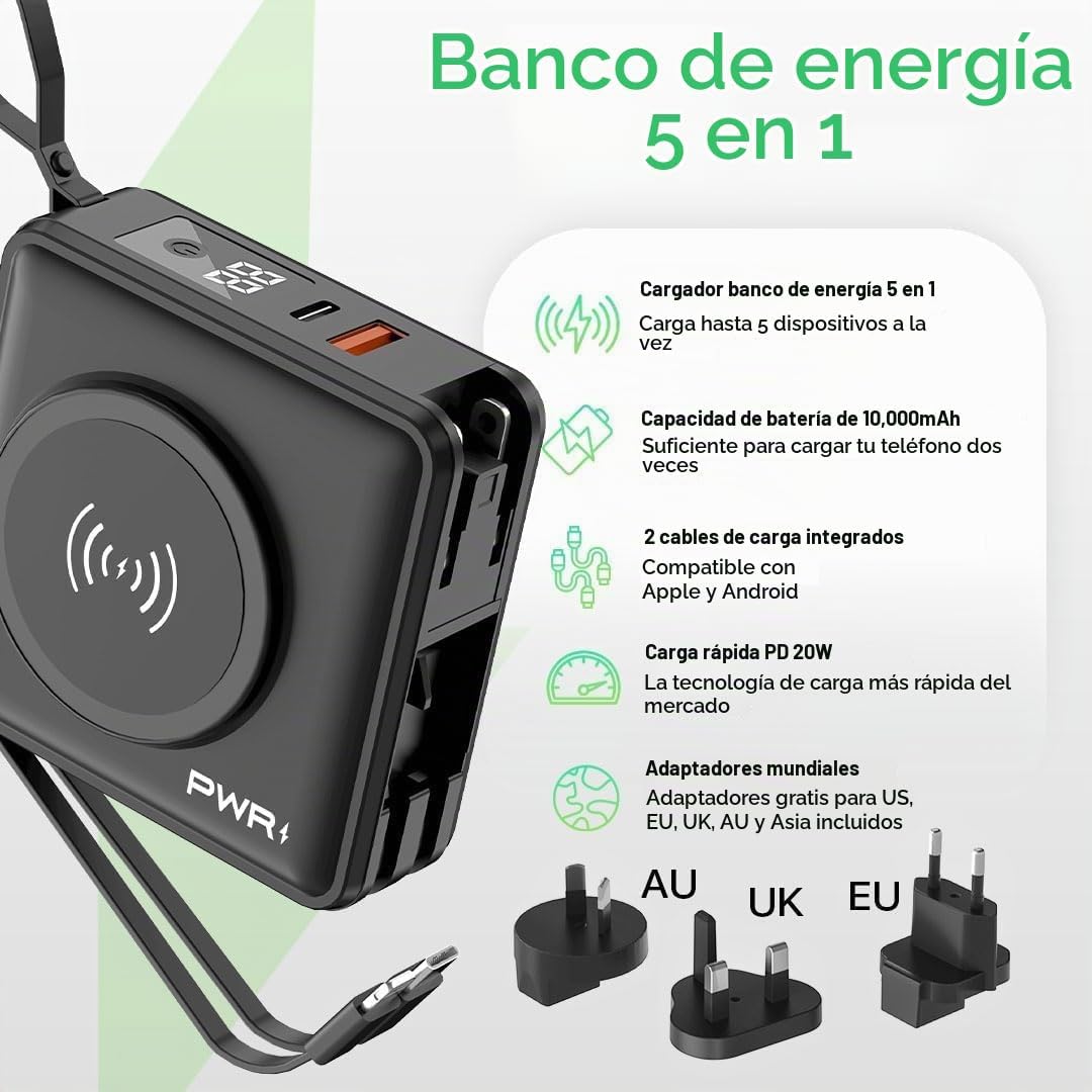 PWRMobile PWR Travel PRO - Banco de energía 5 en 1, 10,000 mAh con...