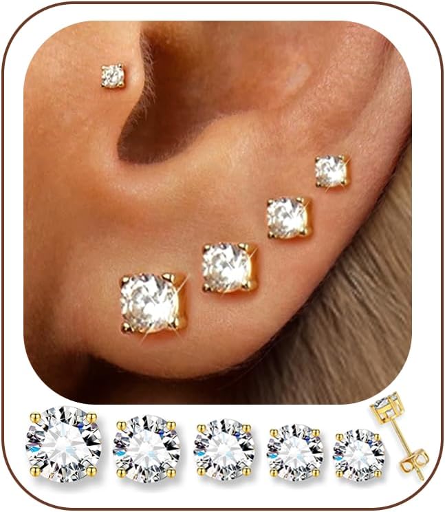 5 pares de aretes chapados en oro de 14 quilates para mujer, hipoal...