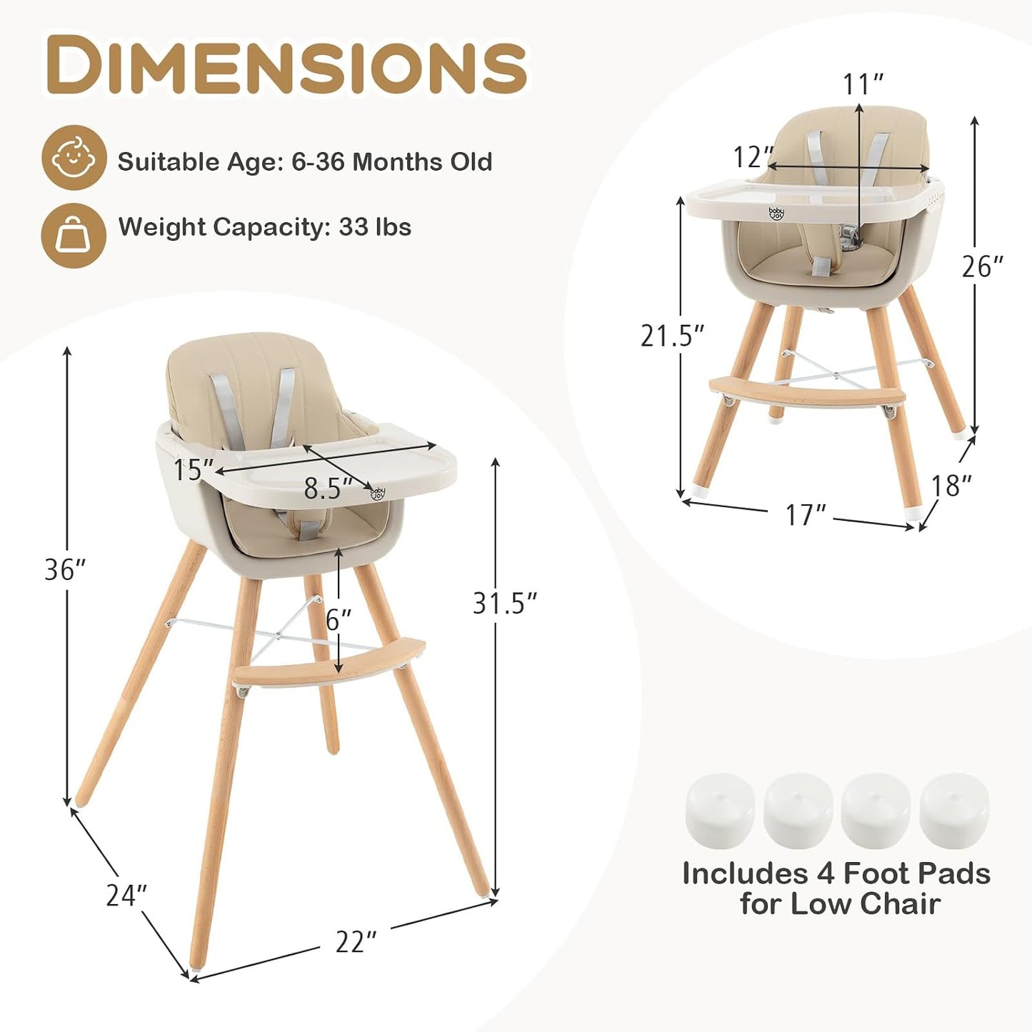 BABY JOY Trona convertible para bebé, 3 en 1, silla alta de madera\...