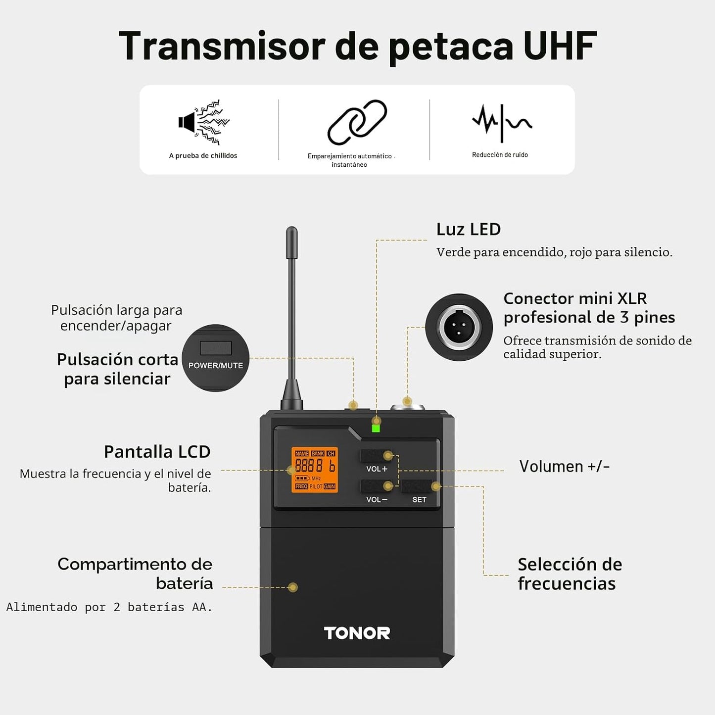 TONOR Sistema de micrófono inalámbrico UHF con micrófono de auricul...