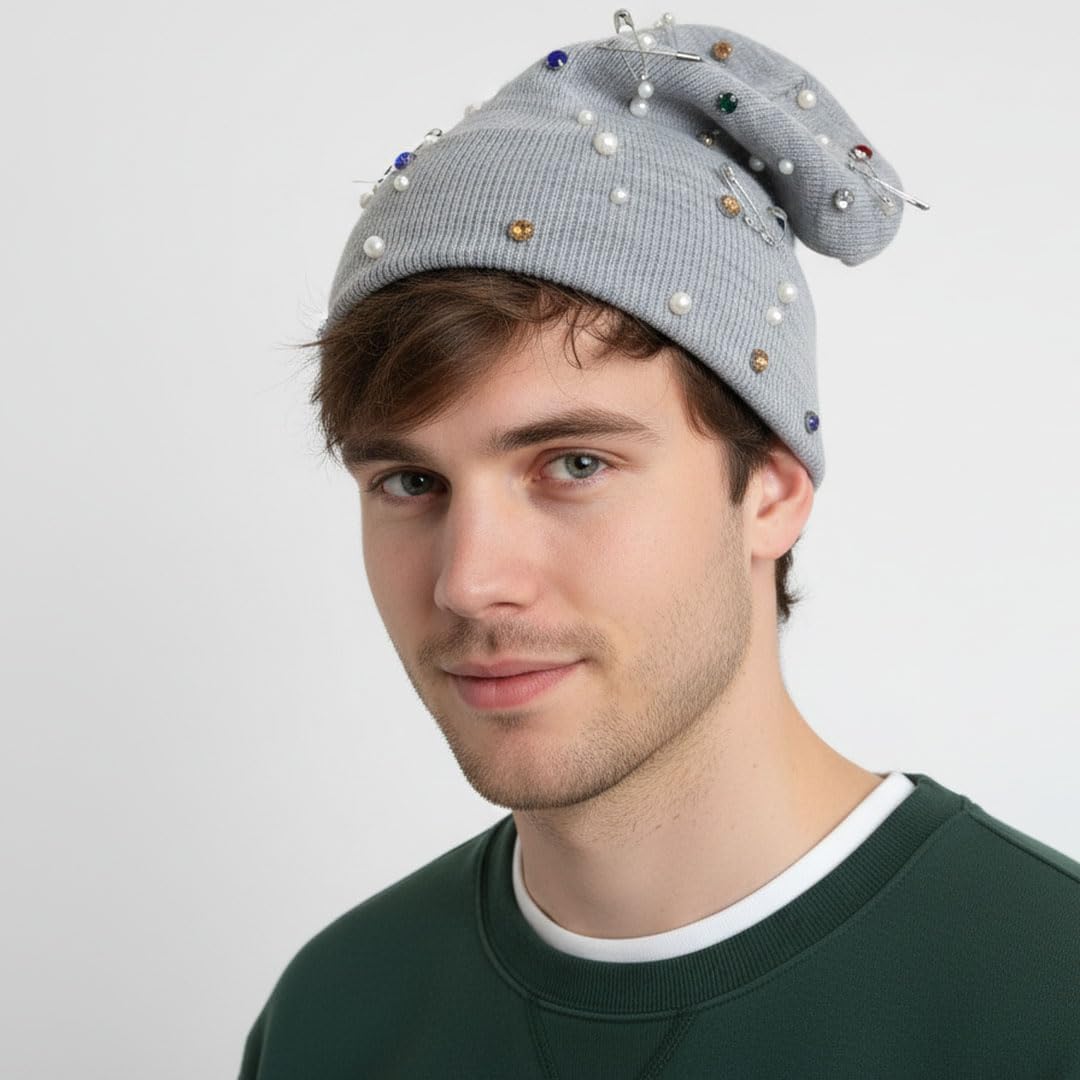 HENWASAI Gorro de punto unisex con diamantes de imitación y perlas,...