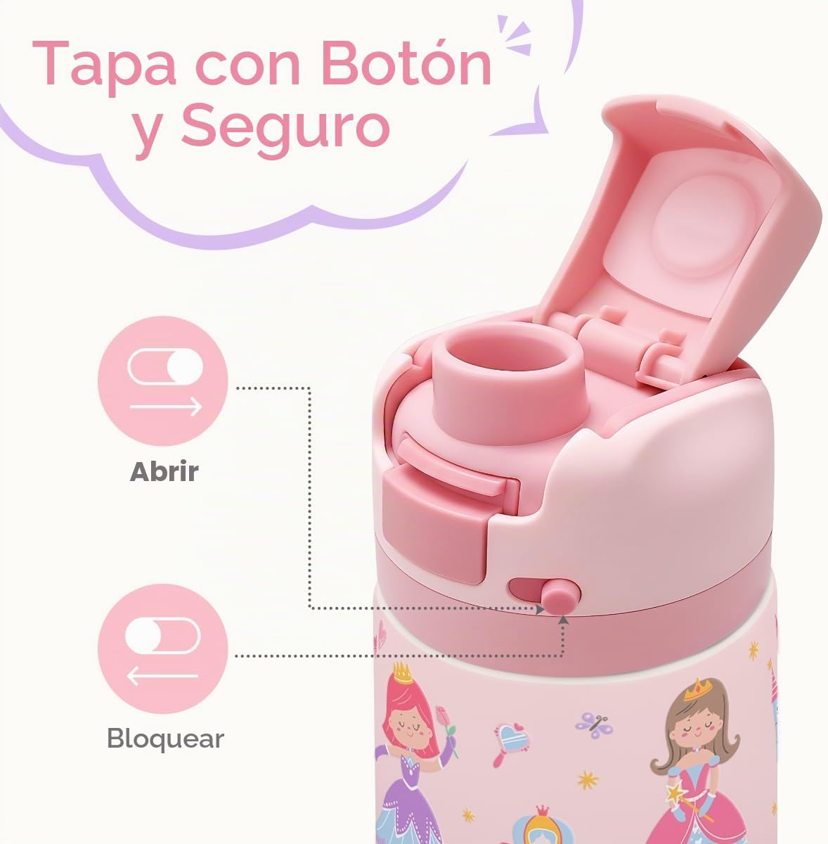 Princess Kids - Botella de agua aislada de acero inoxidable de 16 o...