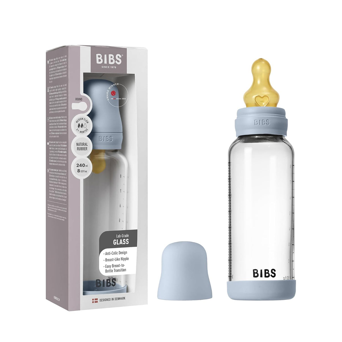 BIBS Biberón de cristal, 8.12 onzas, paquete de 1, pezón de goma na...