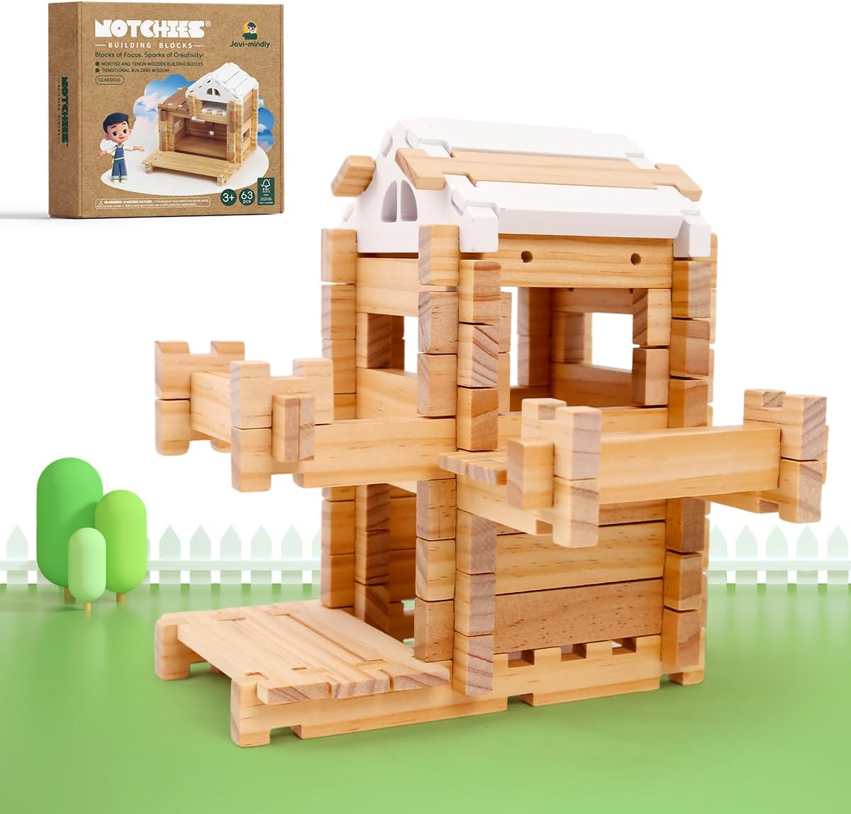 Jovi-mindly &amp;Notchies - Juego de 63 bloques de madera para prin...