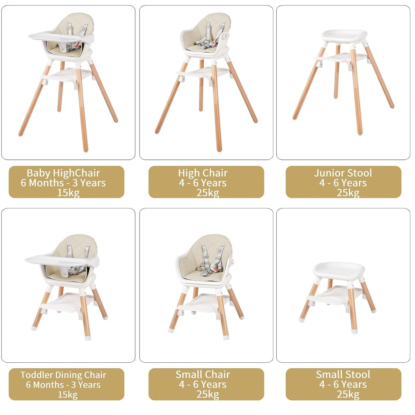 Silla alta para bebé 6 en 1, sillas altas convertibles de madera, c...