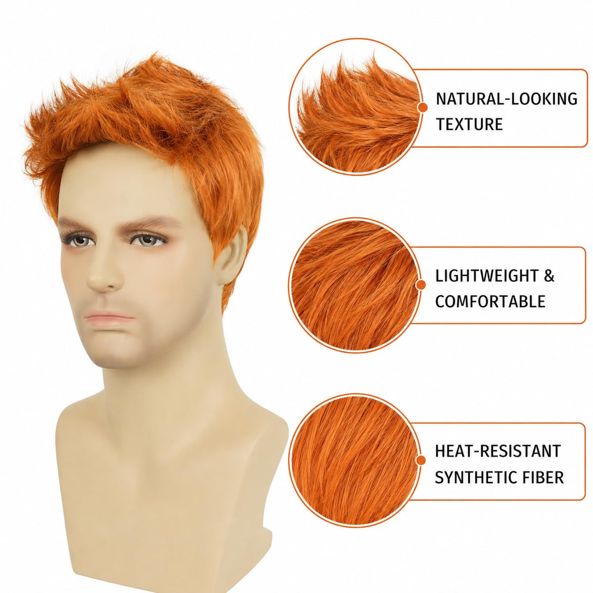 Star Flower Peluca naranja corta para hombre, pelucas de pelo sinté...