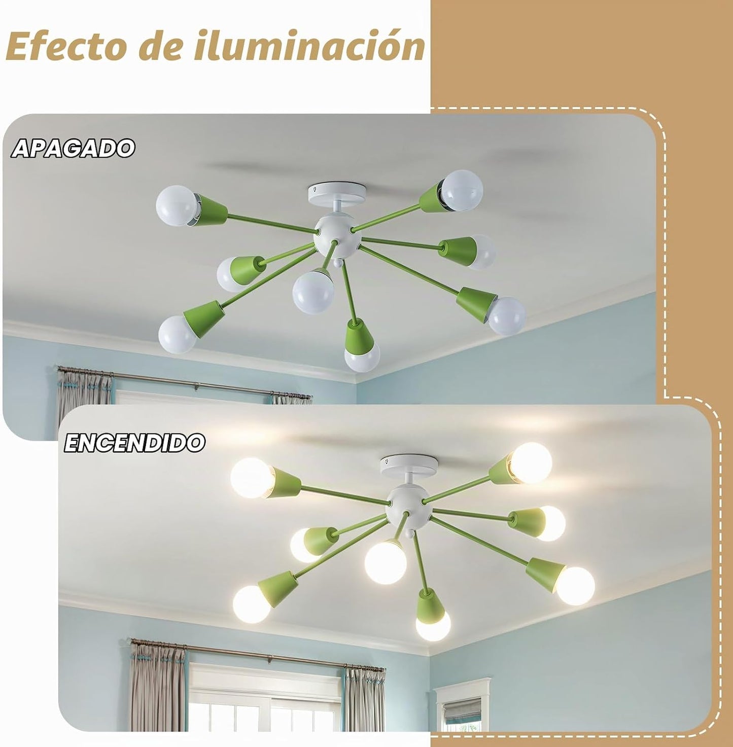 Lámpara de techo Sputnik verde, 8 luces modernas Sputnik Candelabro...