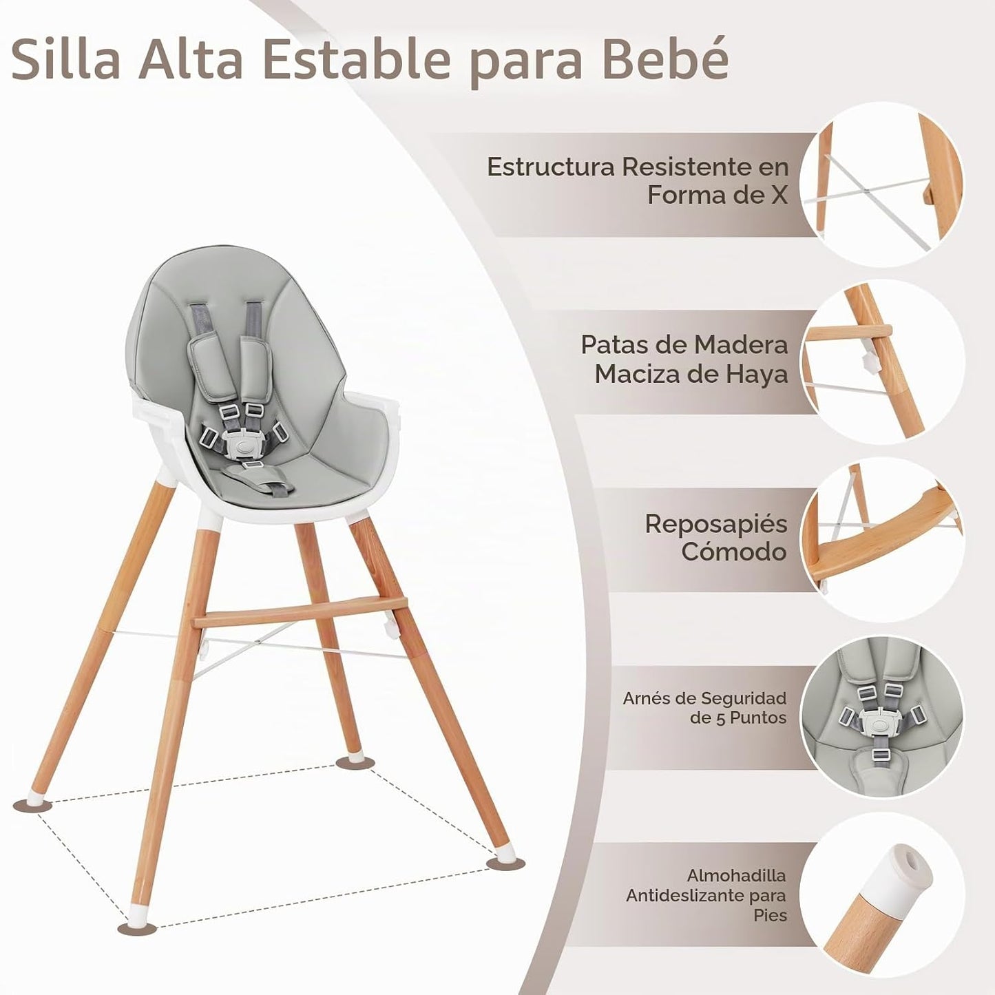HONEY JOY Silla alta para bebé, trona de madera de haya para bebés...