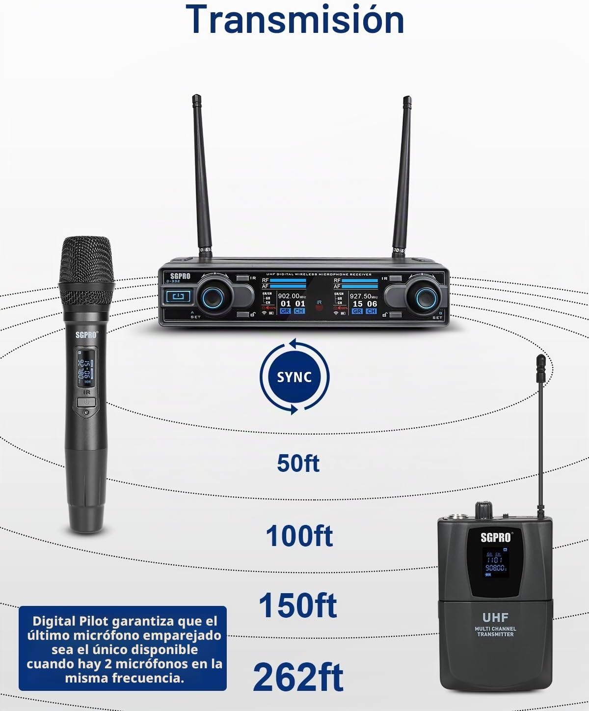 SGPRO D-332HB Dual UHF Sistema de micrófono inalámbrico, portátil y...