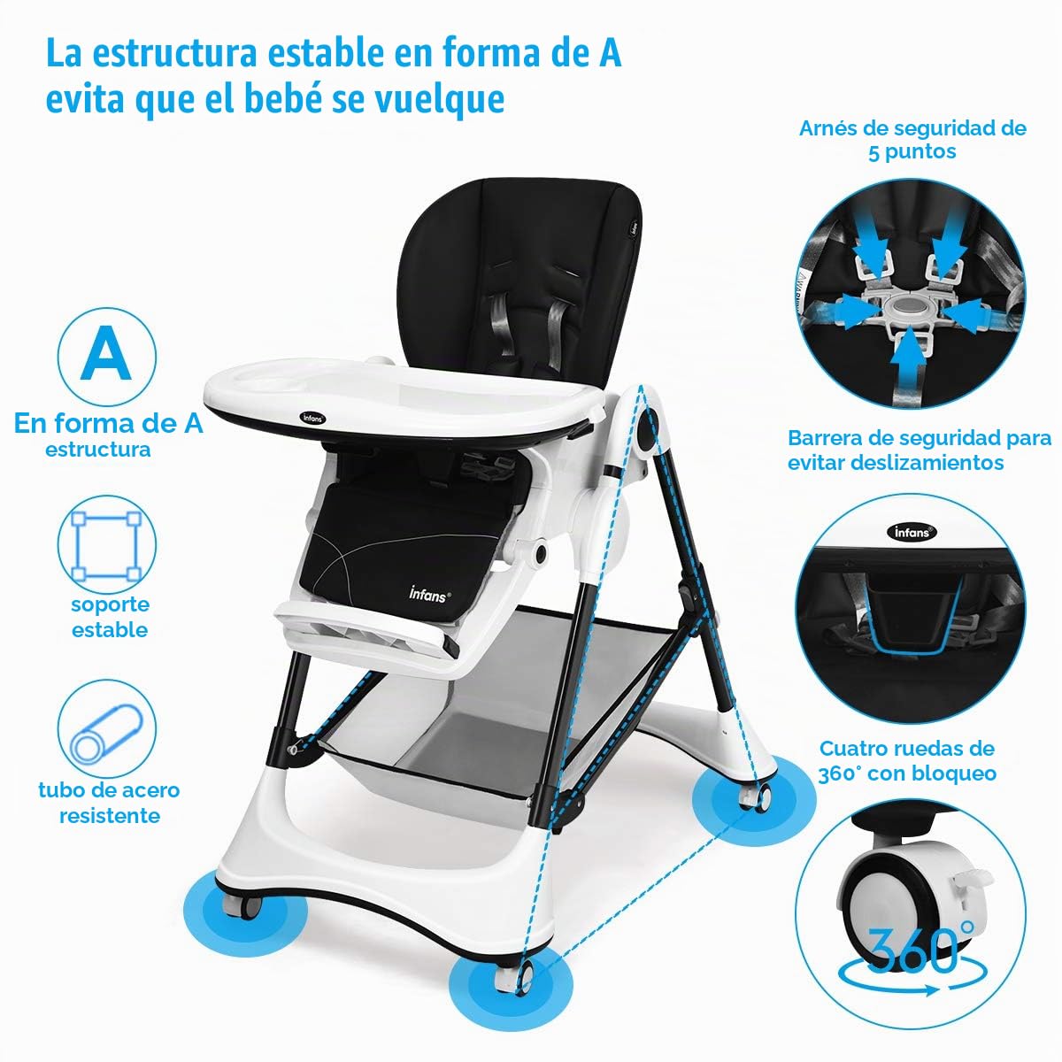 INFANS Silla alta con bandeja extraíble con una sola mano, 4 ruedas...