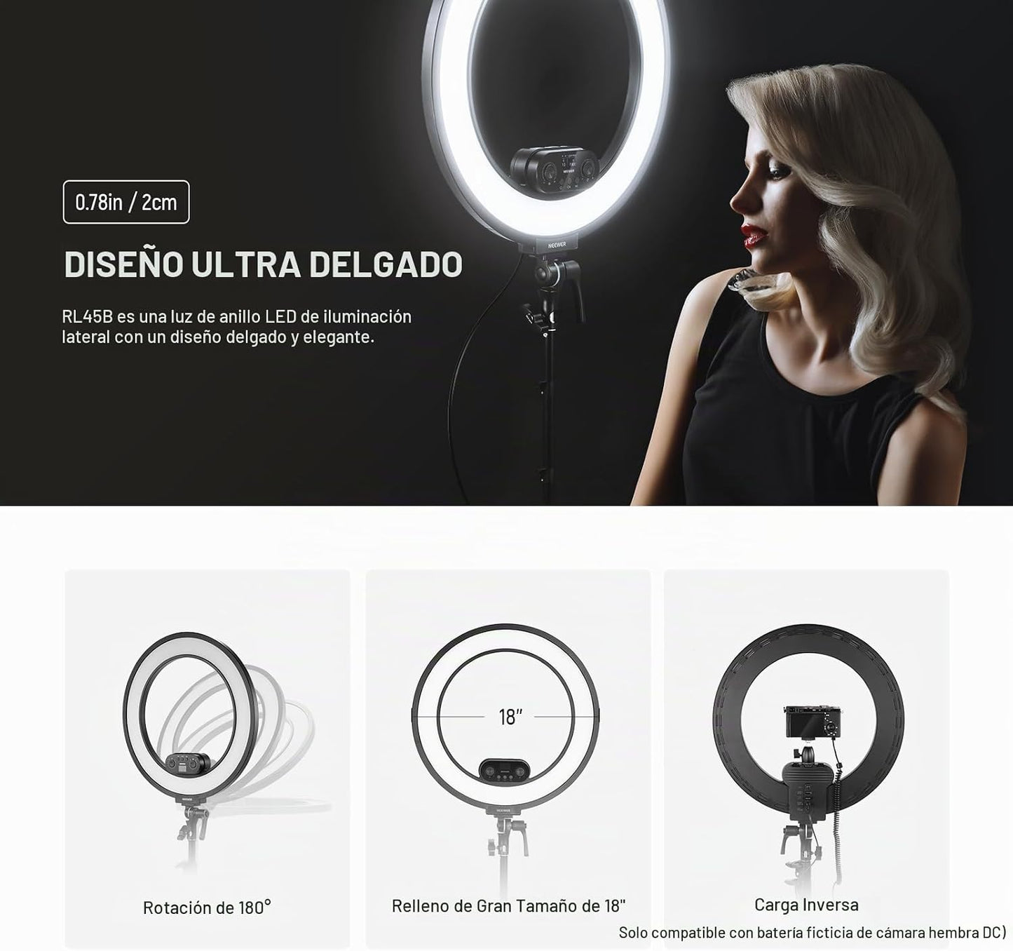 NEEWER Anillo de luz de 18 pulgadas con borde iluminado con soporte...