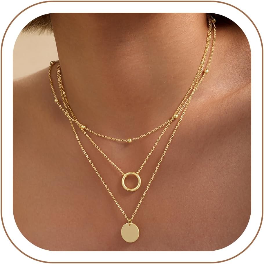 Turandoss Collares en capas para mujer, chapados en oro de 14 quila...
