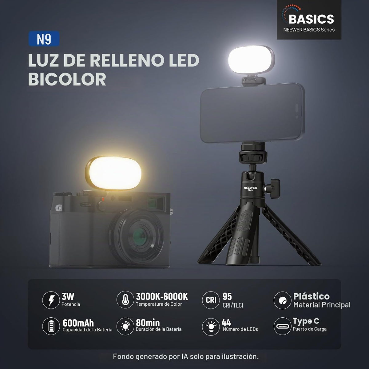 NEEWER Basics Luz Portátil para Selfie, 3W con Clip para Teléfono P...