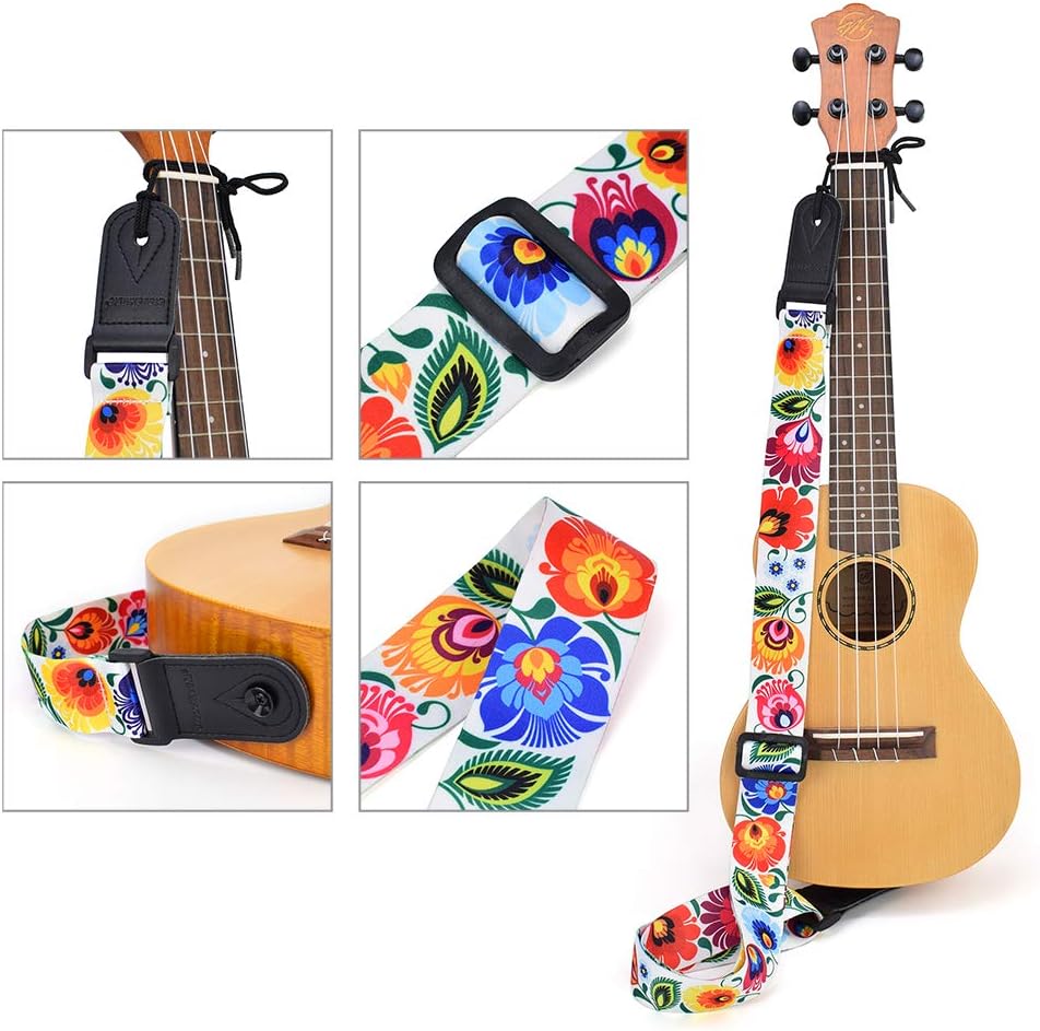 CLOUDMUSIC Correa de ukelele flores de pavo real en blanco | Tenor...