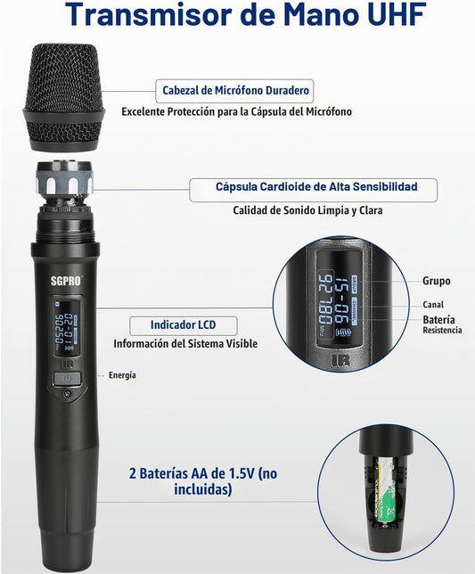 SGPRO D-332HB Dual UHF Sistema de micrófono inalámbrico, portátil y...