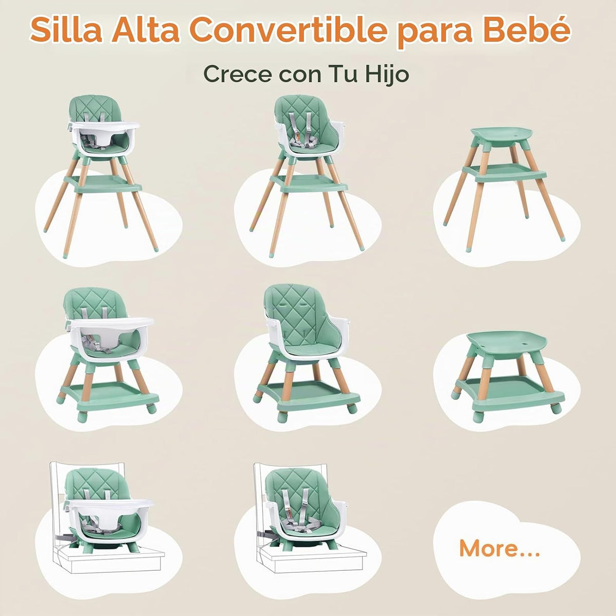 Babyliebe Silla alta para bebé, silla alta de madera convertible 8...