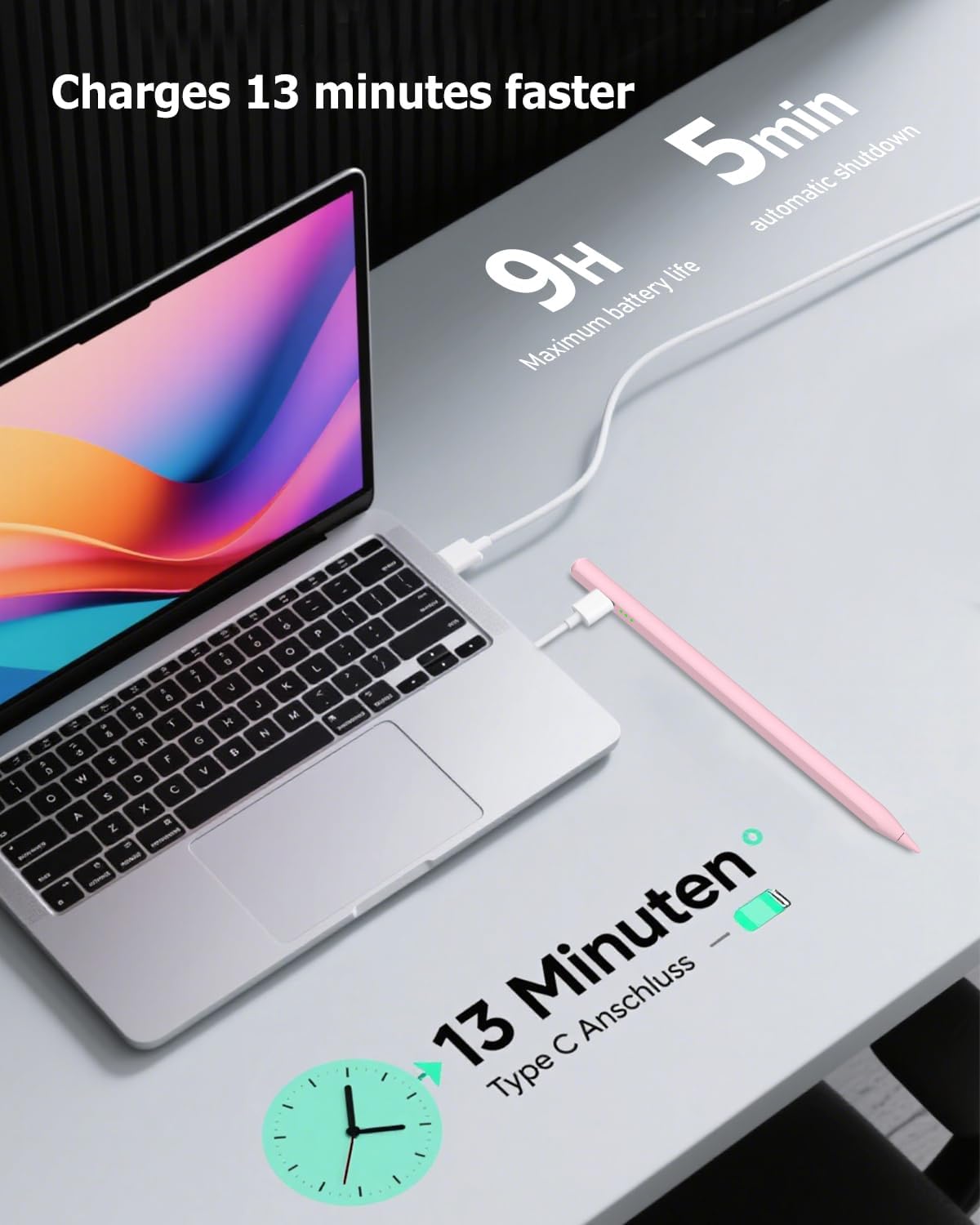 Lápiz óptico rosa para iPad Pro Air Mini 2018-2026, carga rápida de...