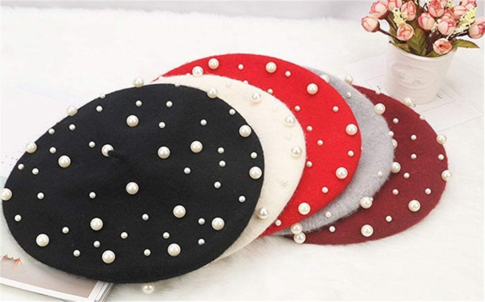 Sombrero de boina vintage de lana de perla para mujer, gorro cálido...