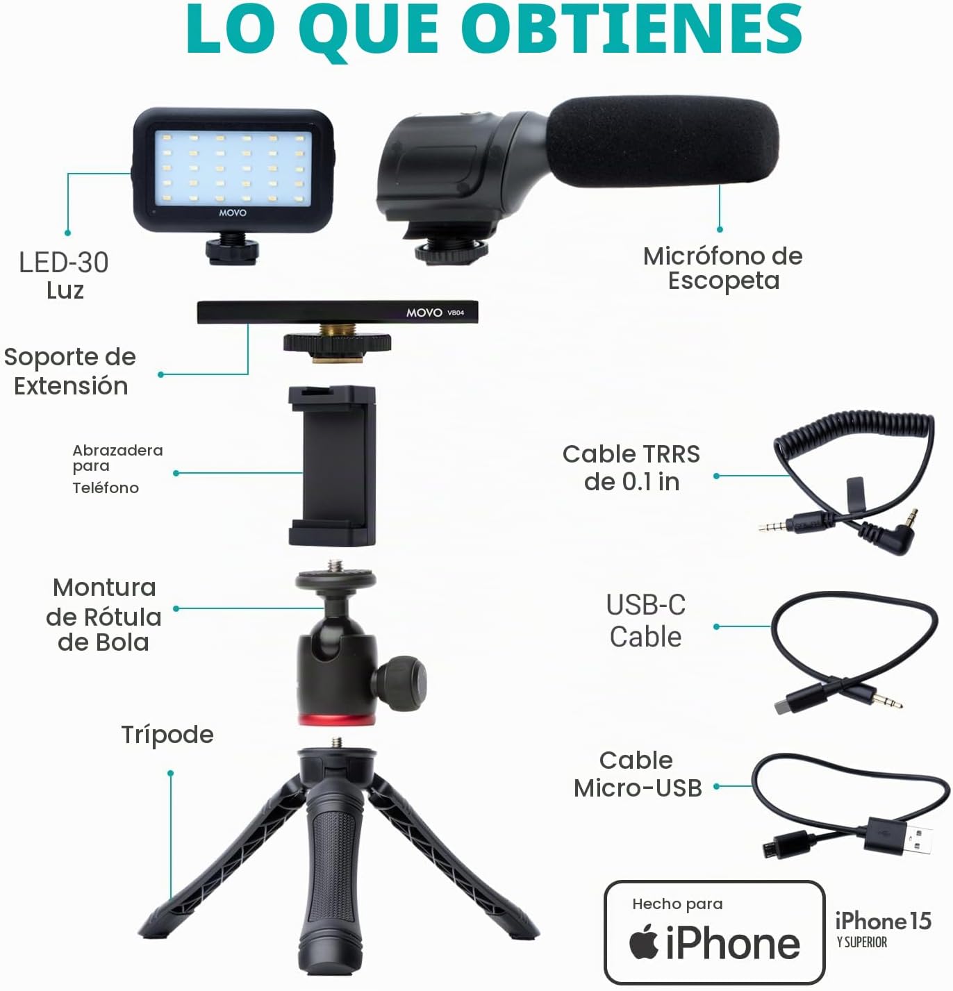 Kit de vlogging Movo USB-C para iPhone 15\/16 - Kit de accesorios d...