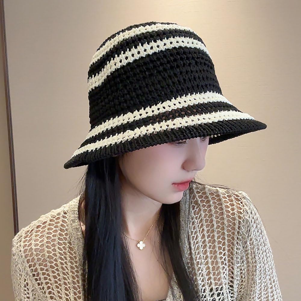 Sombrero de paja de verano para mujer, protección solar a rayas par...