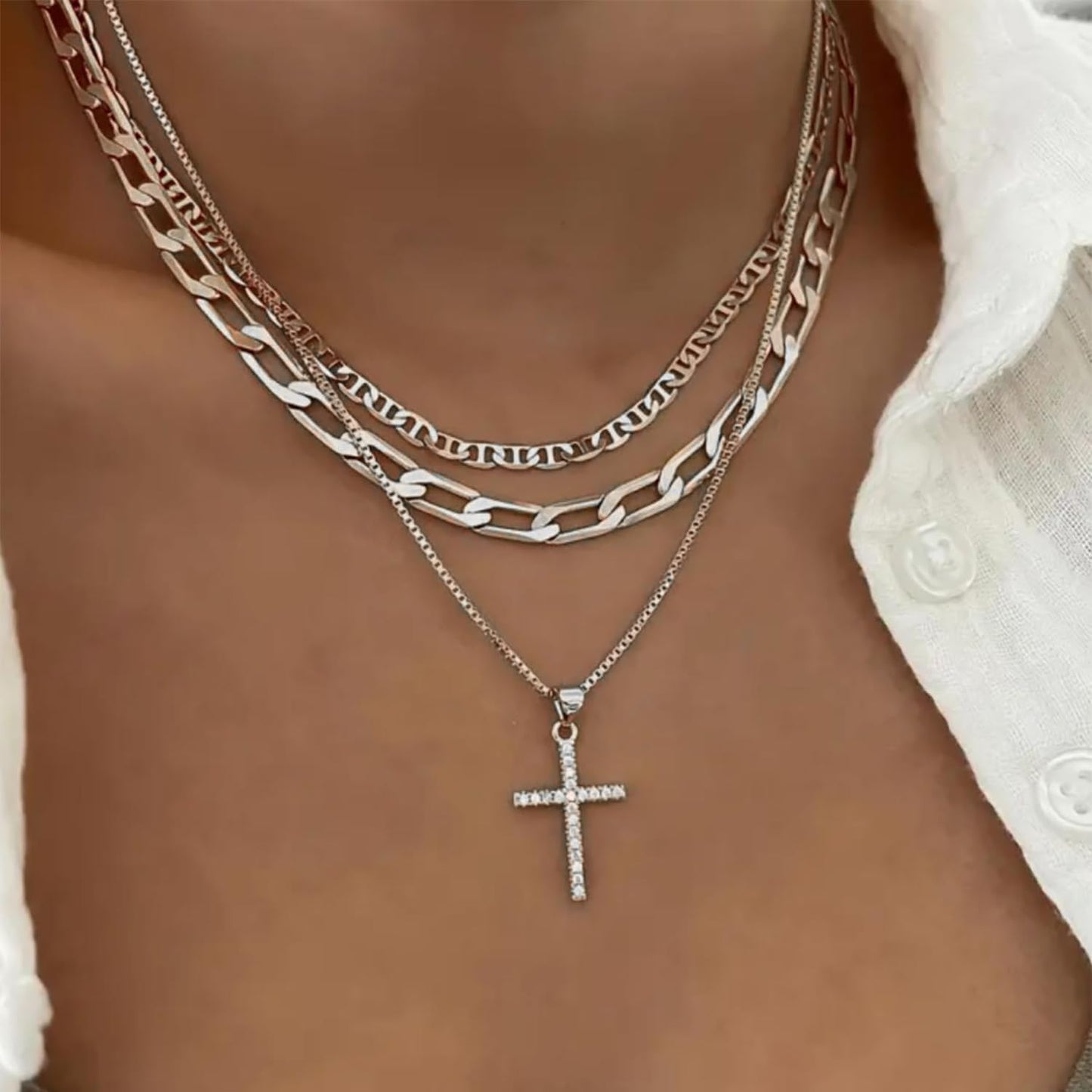 Collar con Cruz para Mujer, Collares Apilados en Capas Delicados, C...