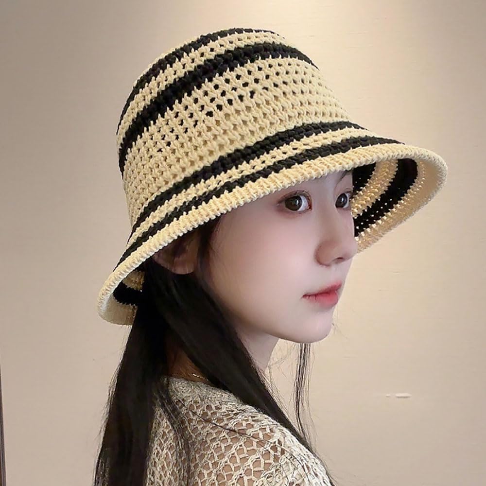 Sombrero de paja de verano para mujer, protección solar a rayas par...