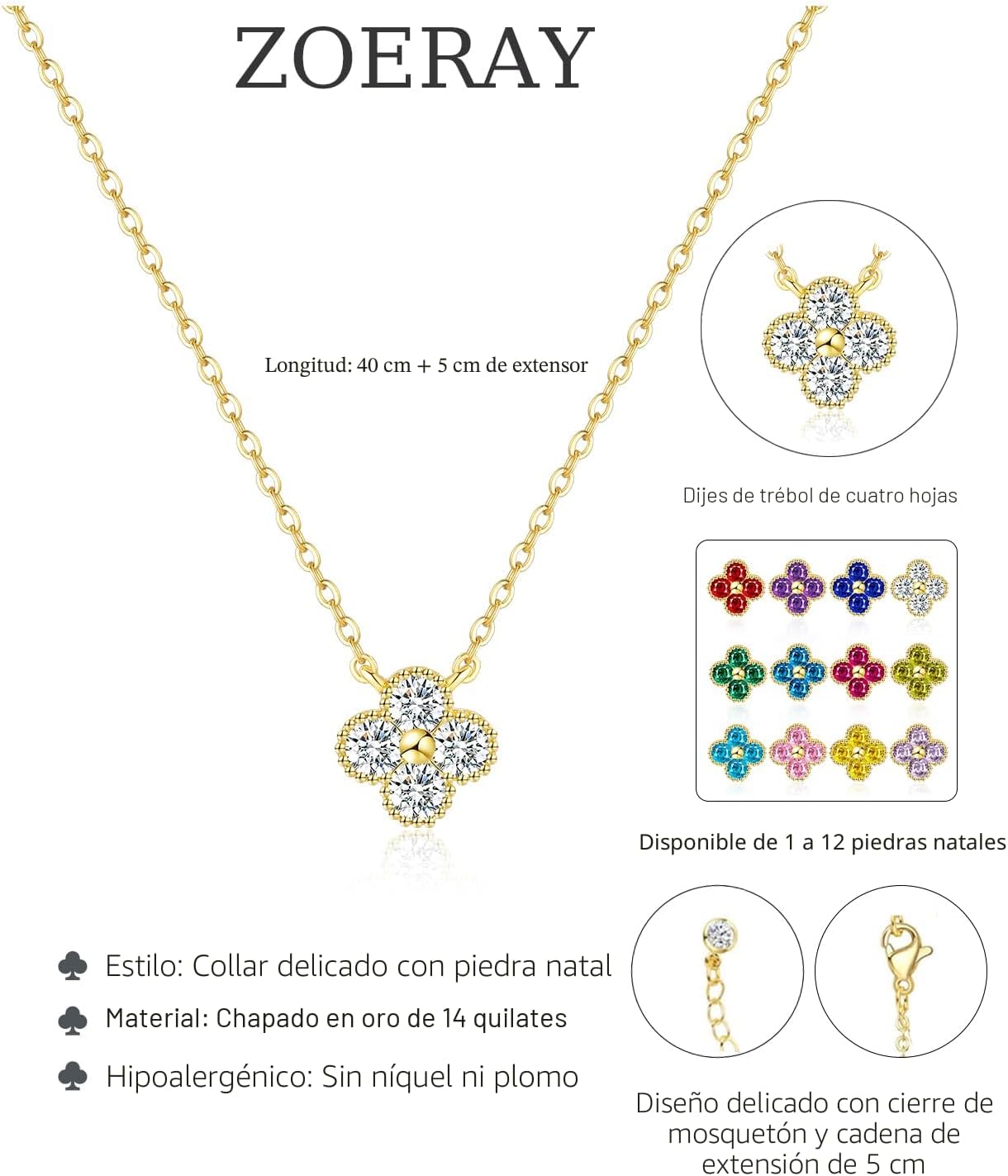 ZOERAY Collar de piedra natal para mujer, Collar de trébol de cuatr...