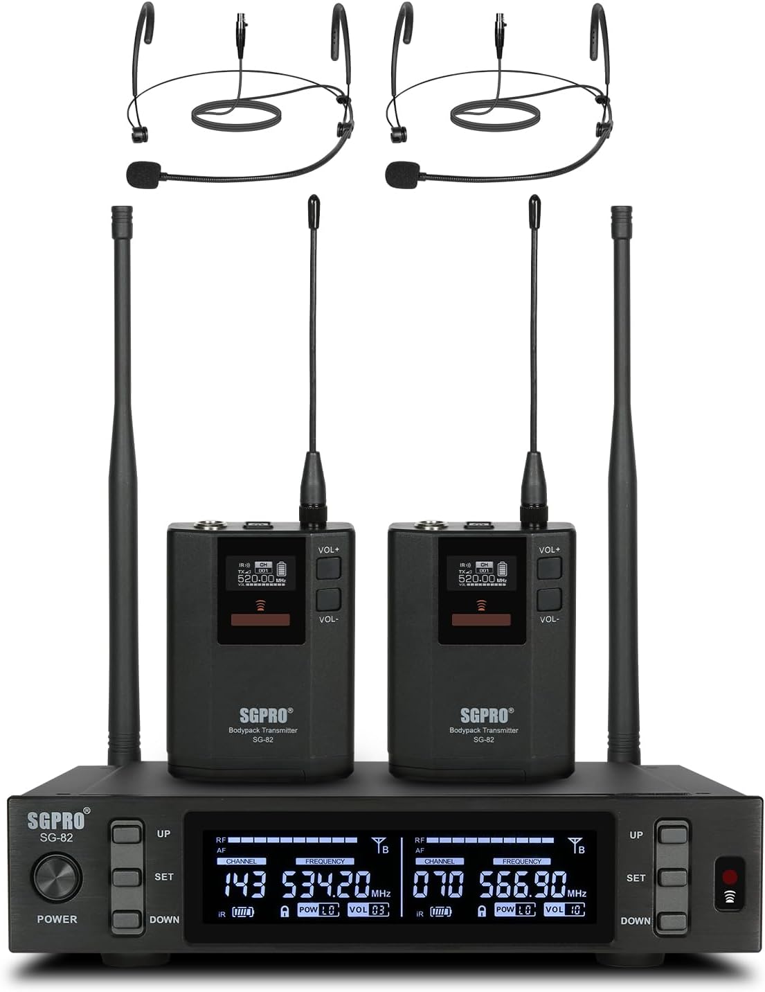SGPRO SG-82BB Sistema de micrófono inalámbrico doble, 520-590 MHz |...