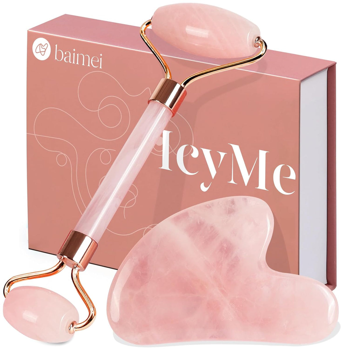 BAIMEI IcyMe - Juego de rodillos de cuarzo rosa y herramientas faci...