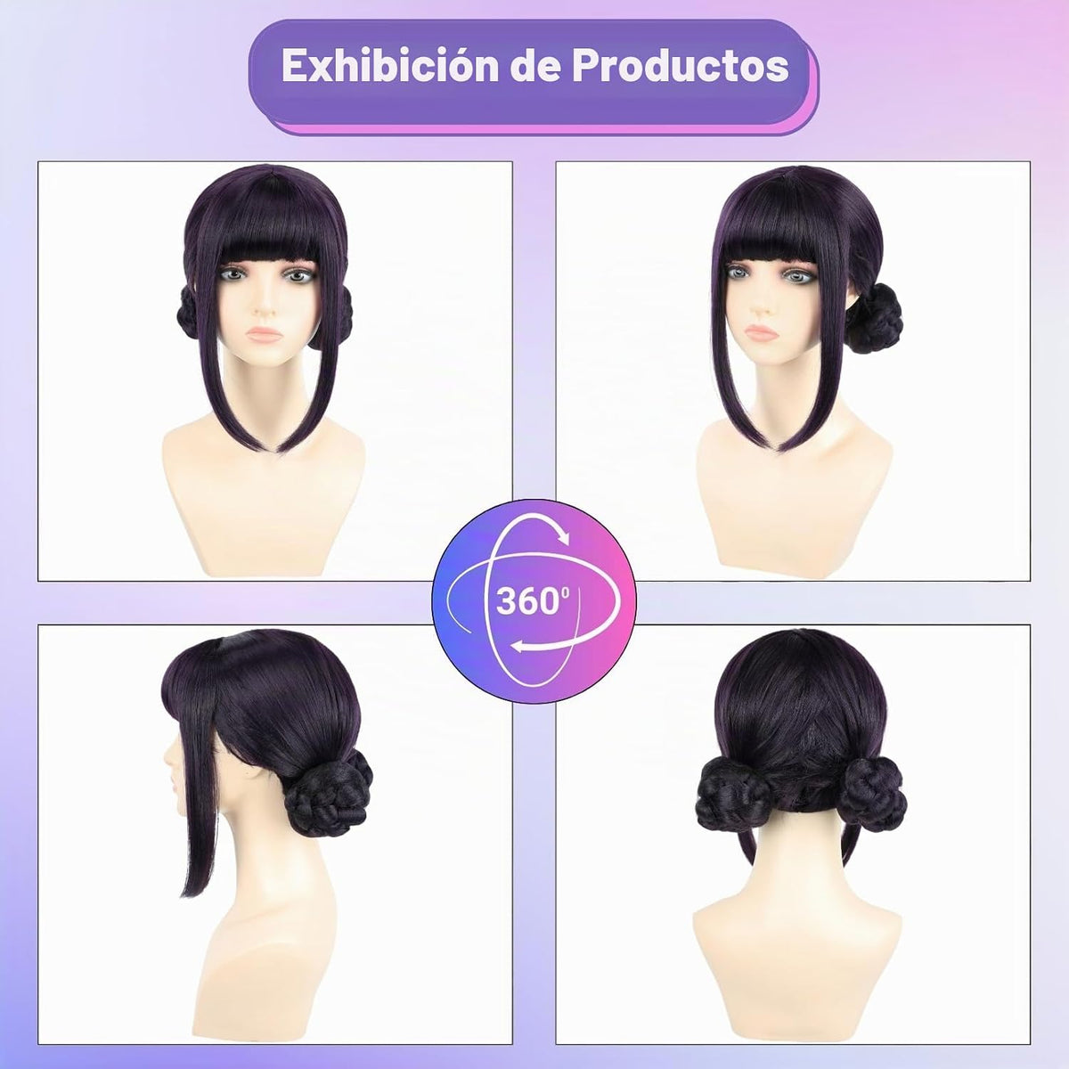 morvally Peluca corta negra y morada con 2 moños para mujer, peluca...